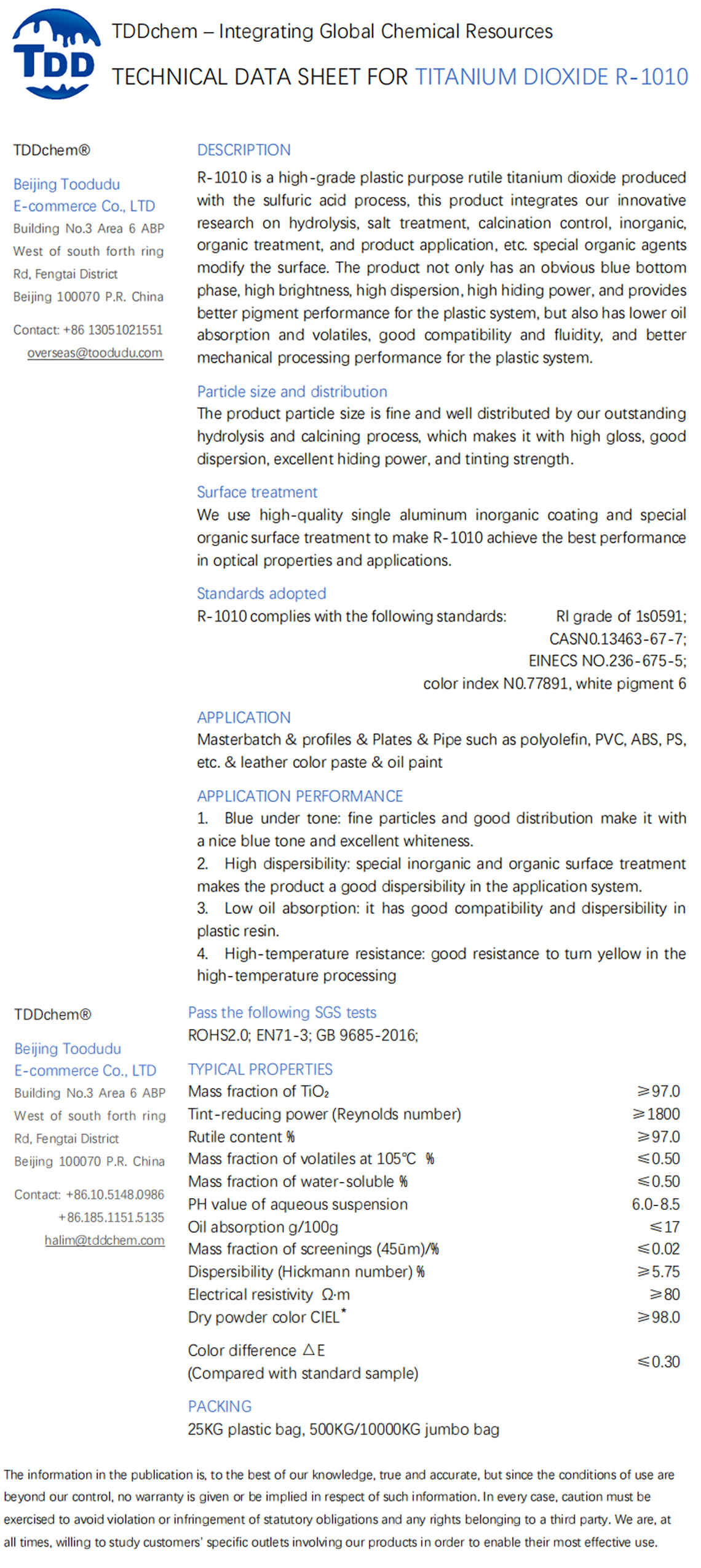 Plastic Grade Rutile Titanium Dioxide R-1010